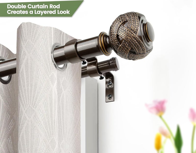 USFOOK 1 Inch Double Curtain Rods 72 to 144 Inches (6 to 12 ft), Bronze Drapery Rods for Windows 69 to 140 Inches, Telescoping Dual Curtain Rod with Woven Leaf Finials - Image 2